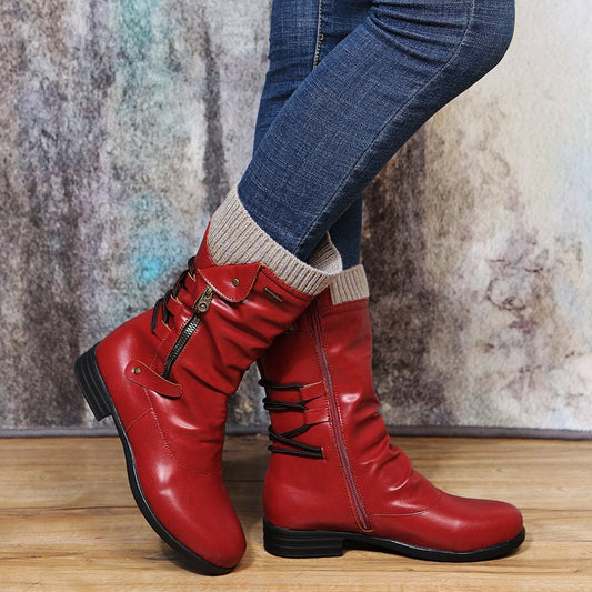 Mittelhohe Stiefel mit gestrickter Manschette und Reißverschluss